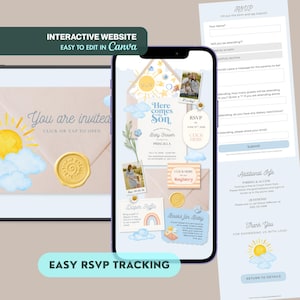 May include: A digital baby shower invitation and RSVP form displayed on a smartphone and a tablet. The invitation features a sun and cloud design with the text "Here Comes the Son." The RSVP form includes fields for name, attendance, and dietary restrictions.