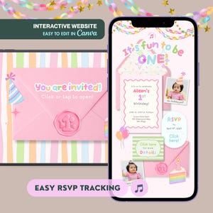 May include: An interactive digital birthday invitation template for a first birthday party, featuring pastel colors, a pink envelope with a number one wax seal, and text that reads It's fun to be ONE, You are invited, and Click or tap to open.