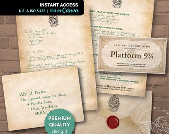 May include: A set of vintage-style papers with green ink text, including a letter, an envelope with a red wax seal, and a train ticket to Platform 9 3/4. The papers have a vintage aesthetic with the text "INSTANT ACCESS" and "EDIT IN Canva".