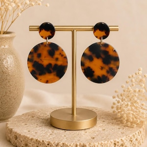 Tortoiseshell Round Drop Earrings | Brown Resin Earrings | Classic Tortoise Shell Earrings | Lightweight Earrings | Everyday Jewelry
