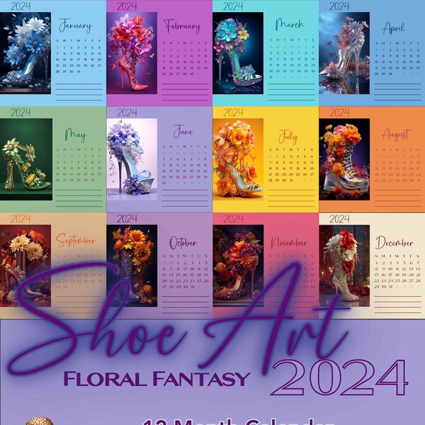 Floraler Fantasy Schuhkalender | Bleiben Sie organisiert und stilvoll | Sofortiger Download |Druckbarer PDF Kalender| Floraler Surrealismus Kunstkalender