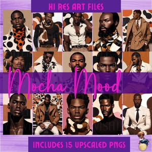 Pacchetto PNG Bold Black Men / Stile editoriale di alta moda / Toni moka / Grafica commerciale pronta per POD / Download immediato