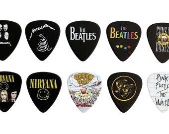 Hero Picks Guitar Picks with band logos. 20 per pack. Metallica, Nirvana, Green Day, Foo Fighters, Pink Floyd, The Beatles, and Guns N Roses