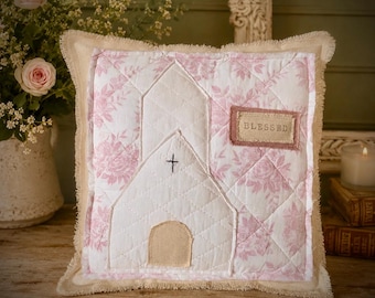 Handmade Quilted Pillow, Pink Floral Church Design, "Blessed" Sentiment Cottage Decor