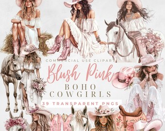 May include: A set of 39 digital illustrations featuring boho cowgirls in blush pink clothing and accessories. The illustrations include cowgirls riding horses, holding flowers, and wearing cowboy hats and boots. The illustrations are perfect for creating digital designs, scrapbooking, and other creative projects.