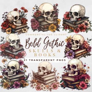 Vet gotische schedel met boeken clipart bloemen schedel clipart bundel gotische schedel PNG Halloween clipart magische boeken clipart gotische boeken clipart