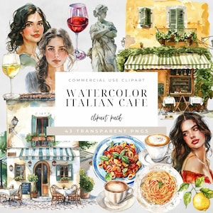 May include: Watercolor clipart pack featuring an Italian cafe scene with a building, tables, chairs, food, drinks, and people. The clipart is perfect for creating invitations, cards, and other projects.