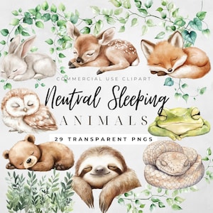 Neutrale schlafende Tiere Clipart schlafender Hase Clipart schlafende Baby-Tiere Clipart Kinderzimmer Wandkunst Neutrales Kinderzimmer Waldkindergarten