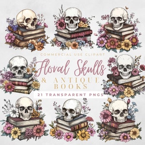 Schedel met boeken clipart bloemen schedel clipart bundel gotische schedel PNG Halloween clipart magische boeken clipart gotische boeken clipart