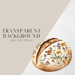 May include: A round loaf of bread decorated with watercolor flowers in shades of yellow, purple, and pink. The bread is on a white background.