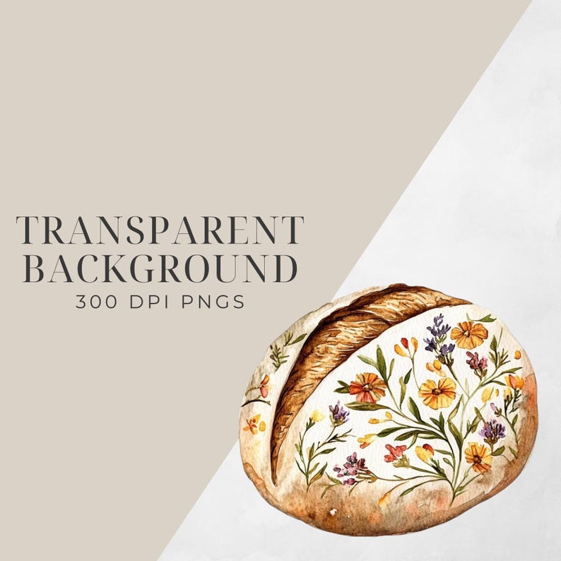 May include: A round loaf of bread decorated with watercolor flowers in shades of yellow, purple, and pink. The bread is on a white background.