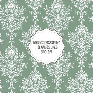 May include: A seamless digital paper pattern with a white damask design on a sage green background. The text "ROBBINSDESIGNSTUDIO 1 SEAMLESS JPEG 300 DPI" is in a white circle with a dotted border.