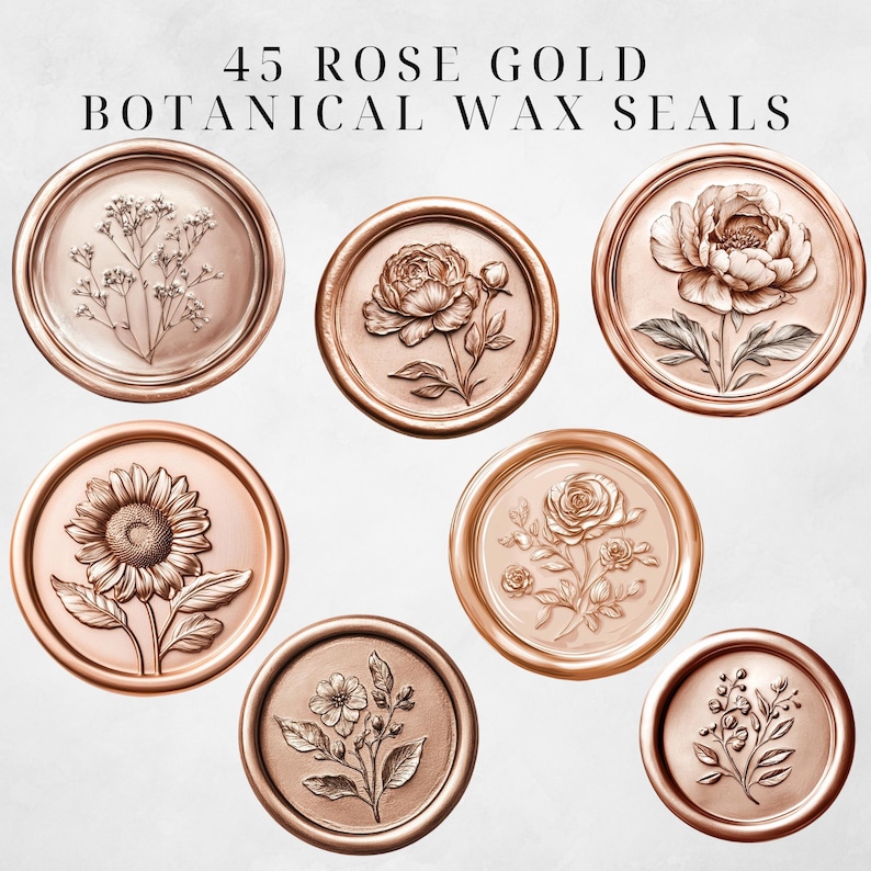 Puede incluir: 45 Sellos de cera bot&aacute;nica en oro rosa. Un conjunto de 7 sellos de cera con diferentes dise&ntilde;os florales, incluyendo un girasol, una rosa y una peon&iacute;a. Los sellos est&aacute;n hechos de metal dorado rosa y tienen un acabado liso y pulido.