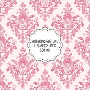 May include: A seamless pink and white damask pattern with a circular label that reads "ROBBINSDESIGNSTUDIO 1 SEAMLESS JPEG 300 DPI".