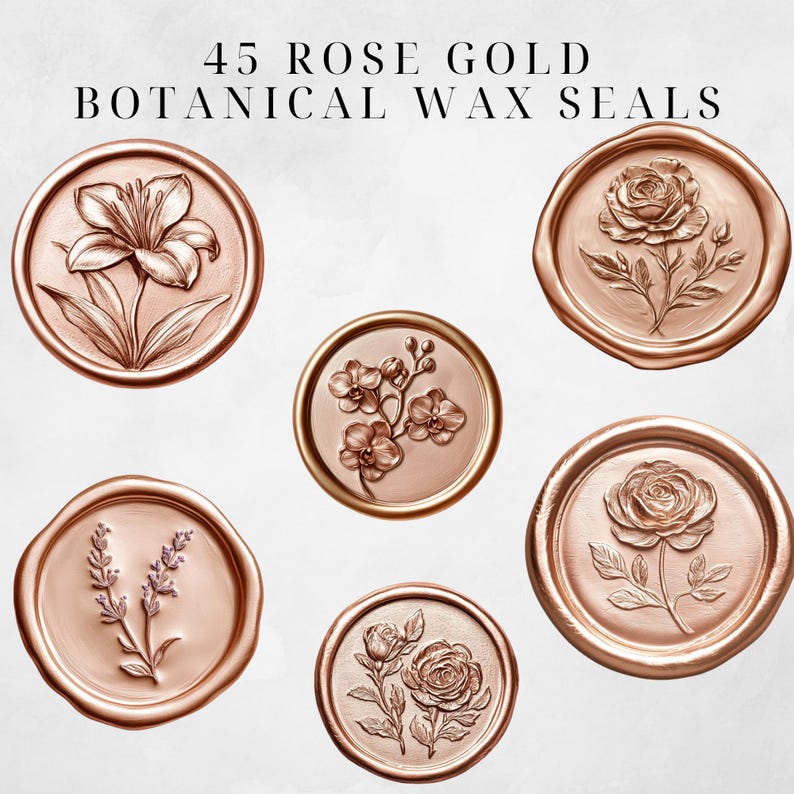 Puede incluir: 45 sellos de cera bot&aacute;nica de oro rosa con dise&ntilde;os florales. Los sellos son redondos y tienen un dise&ntilde;o en relieve. Los dise&ntilde;os incluyen un lirio, una orqu&iacute;dea, una rosa y lavanda.