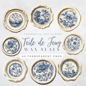 Pode incluir: Conjunto de oito selos de cera de toile de Jouy azul e branco com borda festonada. Os selos apresentam vários desenhos florais e paisagísticos. O texto "Toile de Jouy Wax Seals" está impresso em azul sobre fundo branco.