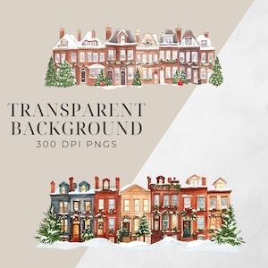 May include: A watercolor illustration of two rows of colorful houses with snow-covered roofs and evergreen trees in front of each house. The houses have white trim and red doors. The illustration is on a white background.