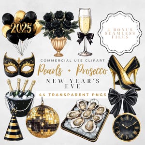 Perles de prosecco Clipart Happy New Year Clipart noir et or 2025