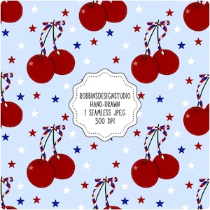 May include: A seamless pattern featuring red cherries with red, white, and blue ribbon stems on a light blue background with white, red, and blue stars.
