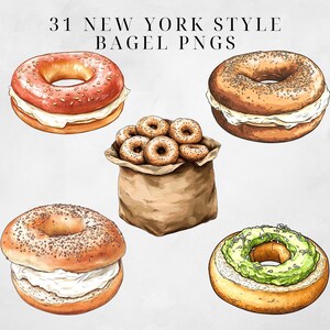 May include: 31 New York Style Bagel PNGs. A collection of illustrated bagels with various toppings, including cream cheese, sesame seeds, and avocado. Some bagels are in a brown paper bag.