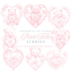 Roze chinoiserie Valentines clipart hart chinoiserie toile de jouy baby shower clipart babyshower voor jongen baby meisje clipart teddybeer