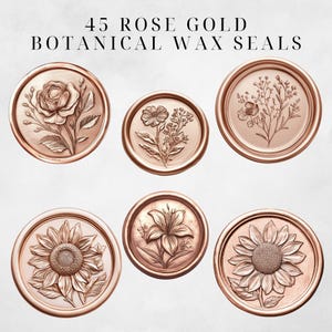 Puede incluir: 45 sellos de cera bot&aacute;nica de oro rosa con dise&ntilde;os florales. Los sellos presentan una rosa, un lirio, un girasol y un peque&ntilde;o ramo de flores.