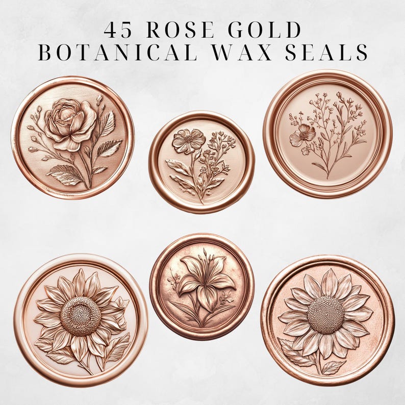 Puede incluir: 45 sellos de cera bot&aacute;nica de oro rosa con dise&ntilde;os florales. Los sellos presentan una rosa, un lirio, un girasol y un peque&ntilde;o ramo de flores.