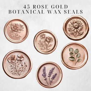 Puede incluir: 45 sellos de cera bot&aacute;nica en oro rosa con varios dise&ntilde;os florales, incluyendo un girasol, rosas, lavanda y hojas.