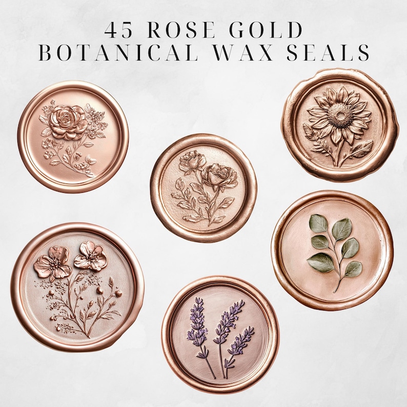 Puede incluir: 45 sellos de cera bot&aacute;nica en oro rosa con varios dise&ntilde;os florales, incluyendo un girasol, rosas, lavanda y hojas.