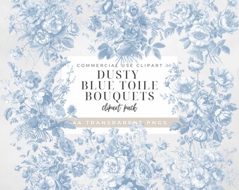 Dusty Blue Toile Flower Clipart Blue Flower Clipart Toile de Jouy Clipart Blue Toile Clipart Chinoiserie png svg French Toil de Jouy Floral