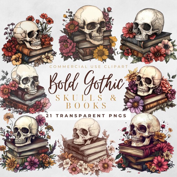 Bold Gothic Skull With Books Clipart Floral Skull Clipart Bundle Gothic Skull Png Halloween Clipart Magic Books Clipart Gothic Books Clipart