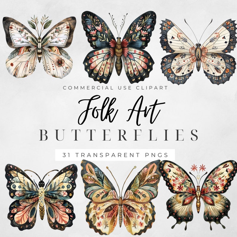 Folklig fjärilsclipart, nyckfull clipart, gouache clipart, nattfjäril clipart PNG, folkkonst, nattfjärilar, kommersiellt bruk, nattfjäril, boho fjäril PNG, skräpjournal bild 3