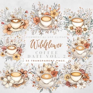 Kwiatowy kubek kawy Clipart Kwiatowy kubek kawy Clipart Zestaw Miłośnik kawy Png Wózek na kawę Clipart Kawa Tematyczny Clipart Boho Kawa Clipart