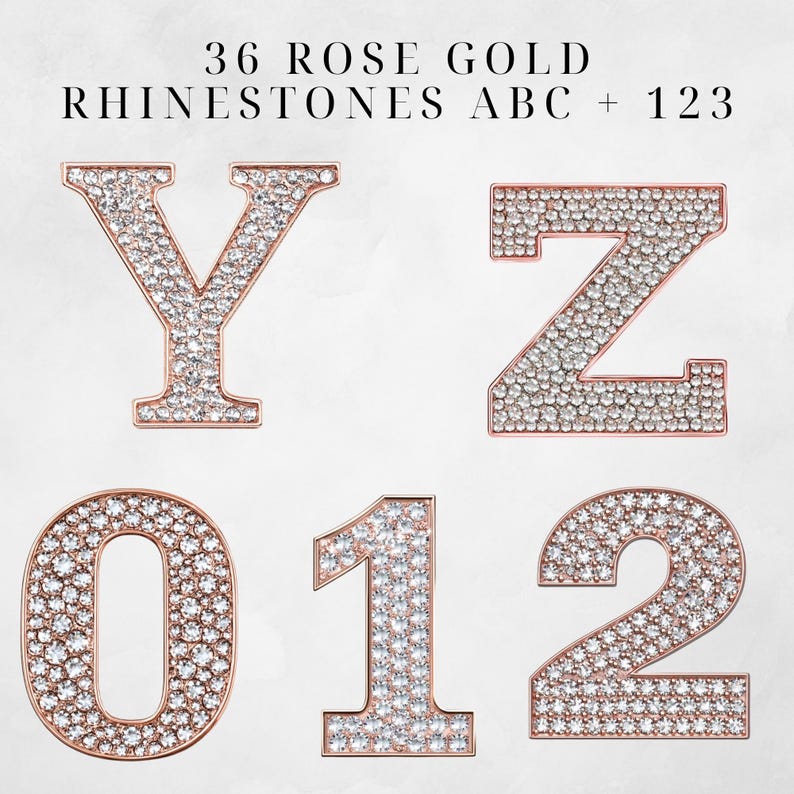 May include: Rose gold letters and numbers covered in rhinestones. The letters are Y and Z. The numbers are 0, 1, and 2.