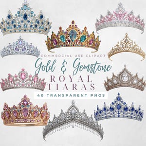 Op de afbeelding: Een verzameling van negen gouden en edelsteen koninklijke tiara's. De tiara's hebben edelstenen in verschillende kleuren, waaronder blauw, roze en paars. De tekst "Gold & Gemstone ROYAL TIARAS" is zichtbaar.