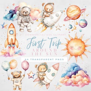 Weltraum Clipart Erster Geburtstag Erste Reise um die Sonne Pastell Weltraum Sonne Mond und Stern aus dieser Welt Astronaut und Weltraum Aquarell