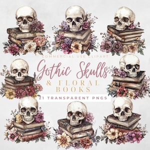 Gotische schedel met boeken clipart bloemen schedel clipart bundel gotische schedel PNG Halloween clipart magische boeken clipart gotische boeken clipart