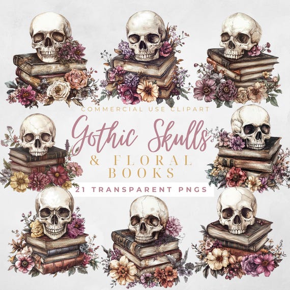 Gothic Skull With Books Clipart Floral Skull Clipart Bundle Gothic Skull Png Halloween Clipart Magic Books Clipart Gothic Books Clipart