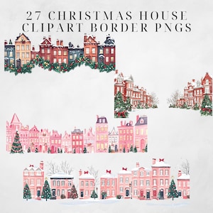 May include: A set of 27 digital clipart images featuring illustrations of pink and red houses with snow-covered roofs and Christmas trees. The houses are arranged in various configurations, including a row of houses, a corner of houses, and a group of houses with a snowy background.