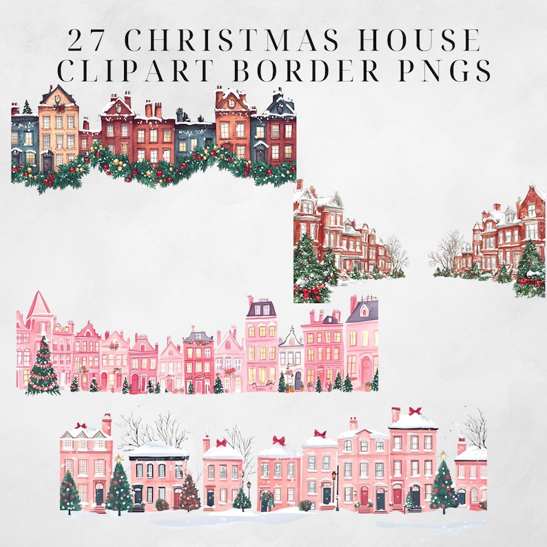 May include: A set of 27 digital clipart images featuring illustrations of pink and red houses with snow-covered roofs and Christmas trees. The houses are arranged in various configurations, including a row of houses, a corner of houses, and a group of houses with a snowy background.