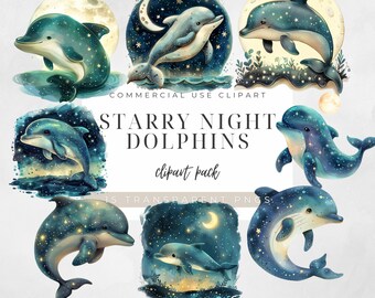 Imágenes Prediseñadas de delfines de acuarela, imágenes prediseñadas de delfines, imágenes prediseñadas de delfines de noche estrellada, imágenes prediseñadas de delfines, imágenes prediseñadas del océano, imágenes prediseñadas de vida marina, imágenes prediseñadas de Baby Shower