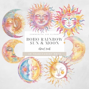 Boho Sun Clipart Sun Moon and Star Clipart Sun and Moon Clipart Boho Theme Watercolor Clipart Celestial Clipart Moon Phase Crescent Moon Svg