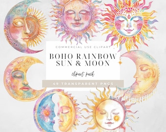Boho Sun Clipart Sun Moon and Star Clipart Sun and Moon Clipart Boho Theme Watercolor Clipart Celestial Clipart Moon Phase Crescent Moon Svg