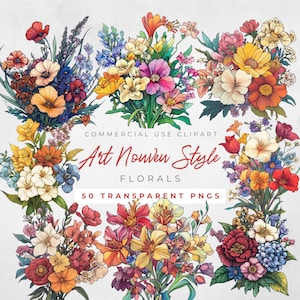 Op de afbeelding: Een set van 50 digitale clipart-afbeeldingen met kleurrijke bloemboeketten in Art Nouveau-stijl. De bloemen zijn gedetailleerd en ingewikkeld getekend, met een verscheidenheid aan kleuren en vormen. De afbeeldingen zijn perfect voor gebruik in digitaal scrapbooken, kaartmaken en andere creatieve projecten.