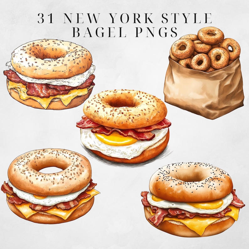 May include: A set of 31 digital illustrations of New York style bagels with various toppings, including bacon, egg, and cheese. The bagels are depicted in a realistic style with a watercolor effect.