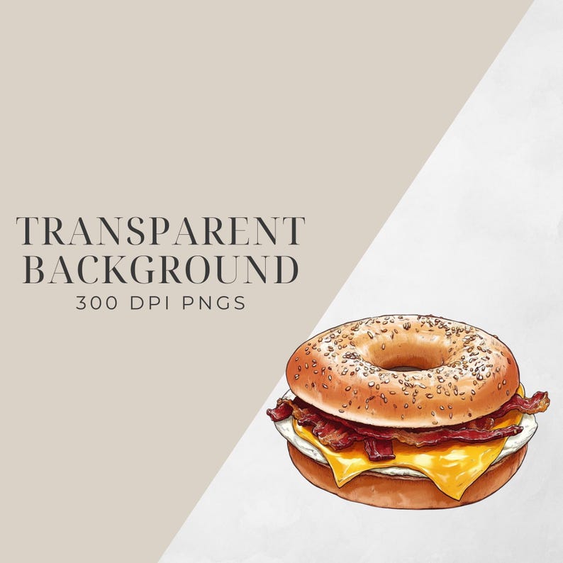 May include: A bagel with bacon, egg, and cheese. The bagel is topped with sesame seeds and the cheese is melted. The image is on a white background.