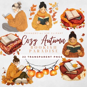 May include: A set of 22 digital illustrations featuring cozy autumn scenes with people reading books. The illustrations include people in sweaters, books, pumpkins, and string lights. The text "Cozy Autumn Bookish Paradise" is included in the image.