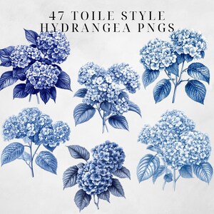 May include: Six blue hydrangea flower illustrations in a toile style. The flowers are drawn in a vintage style with detailed leaves and stems.