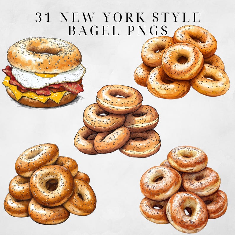 May include: A collection of 31 New York style bagel PNGs. The images include a variety of bagels, including plain, everything, and sesame. Some of the bagels are stacked, while others are shown in a sandwich with bacon, egg, and cheese.