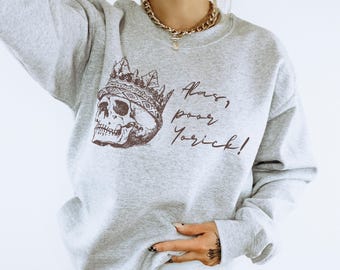 ¡Ay, pobre Yorick! Sudadera de cuello redondo de Shakespeare. Estilo bibliotecario. Academia oscura, Academia ligera, Academia romántica, Coma de Oxford, Literatura divertida.